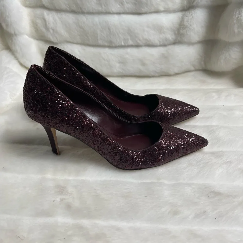 White House Black Market Burgundy wine glitter Satin heels pointed toe Size9.5M